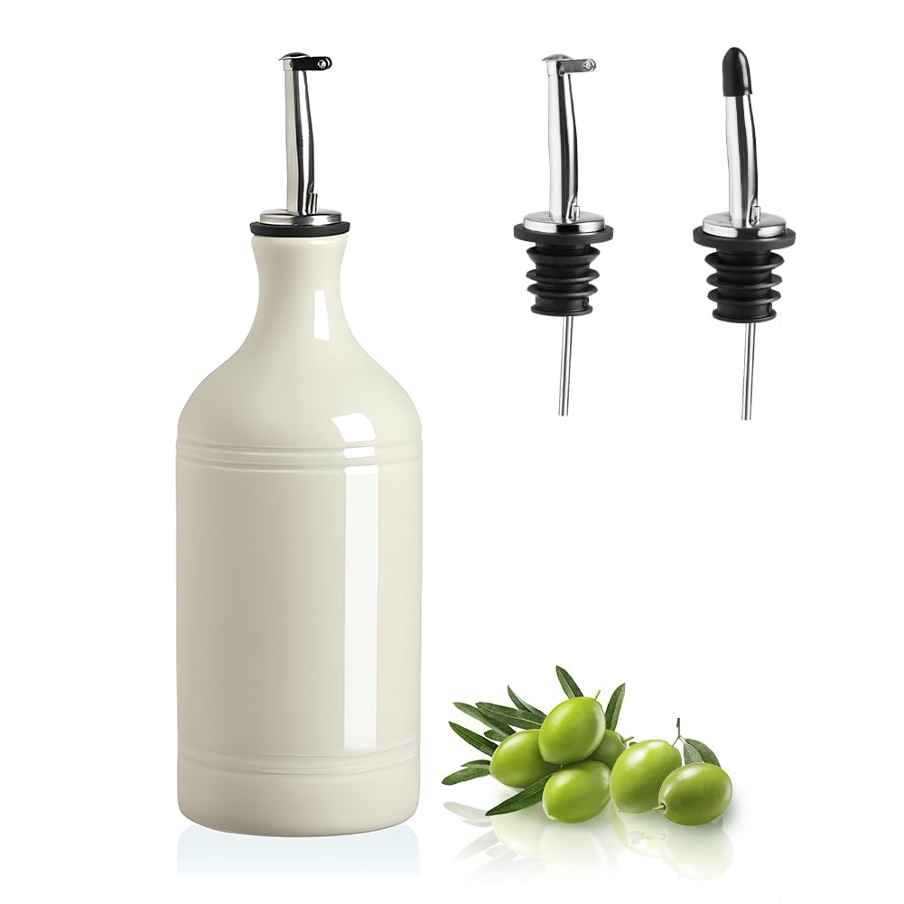 Sweejar Ceramic Olive Oil Dispenser Bottle, Opaque Oil Cruet Protects to Reduce Oxidation, Suitable for Storage Vinegar, Coffee Syrups & Other Liquids, Pack of 1, 15.5 Fl Oz(Beige)