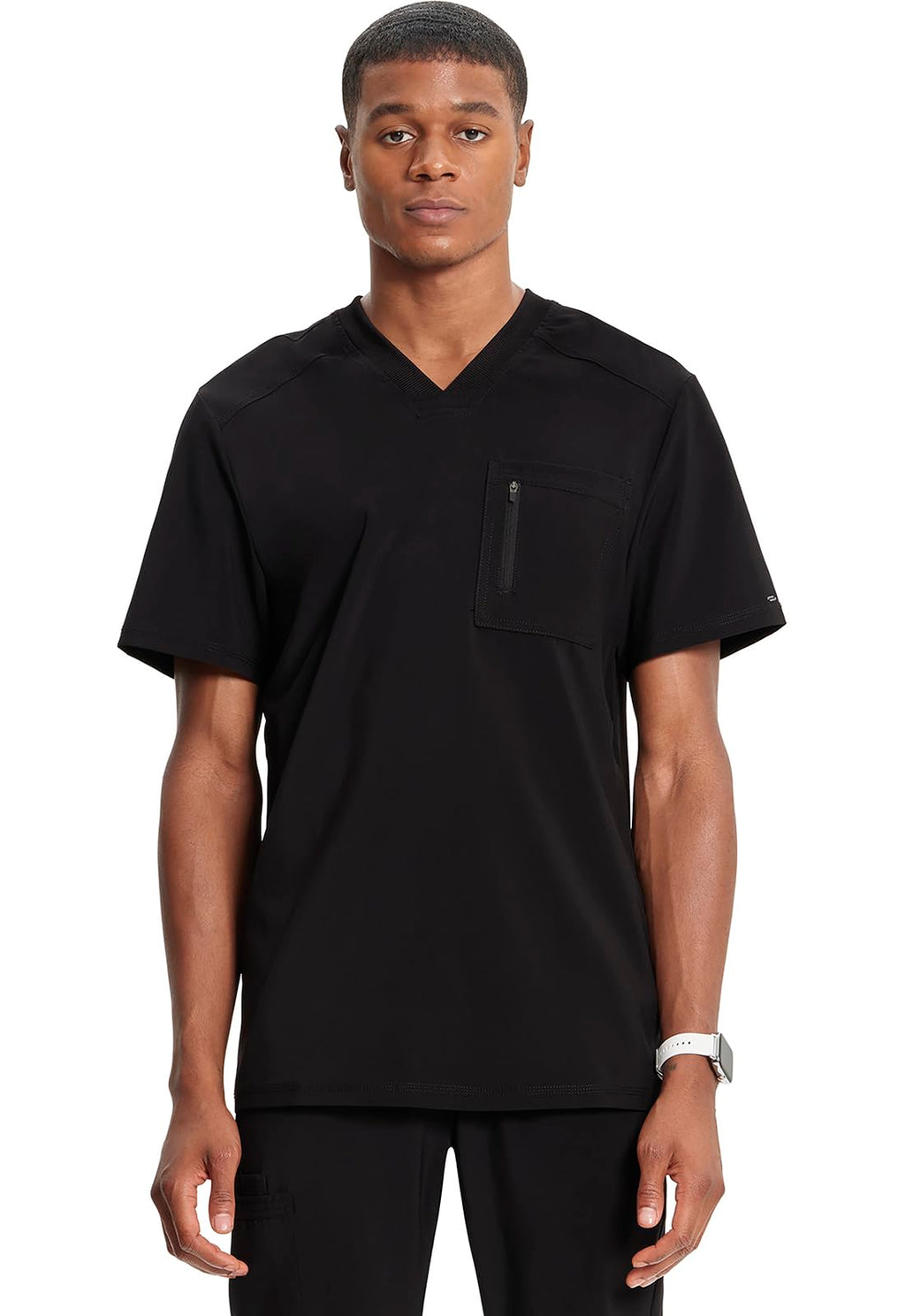 Cherokee Infinity Mens Tuckable V-Neck Scrub Top Modern Fit, 2 Pockets, Zip Chest Pocket, Rib-Knit, 360° Stretch – CK910A