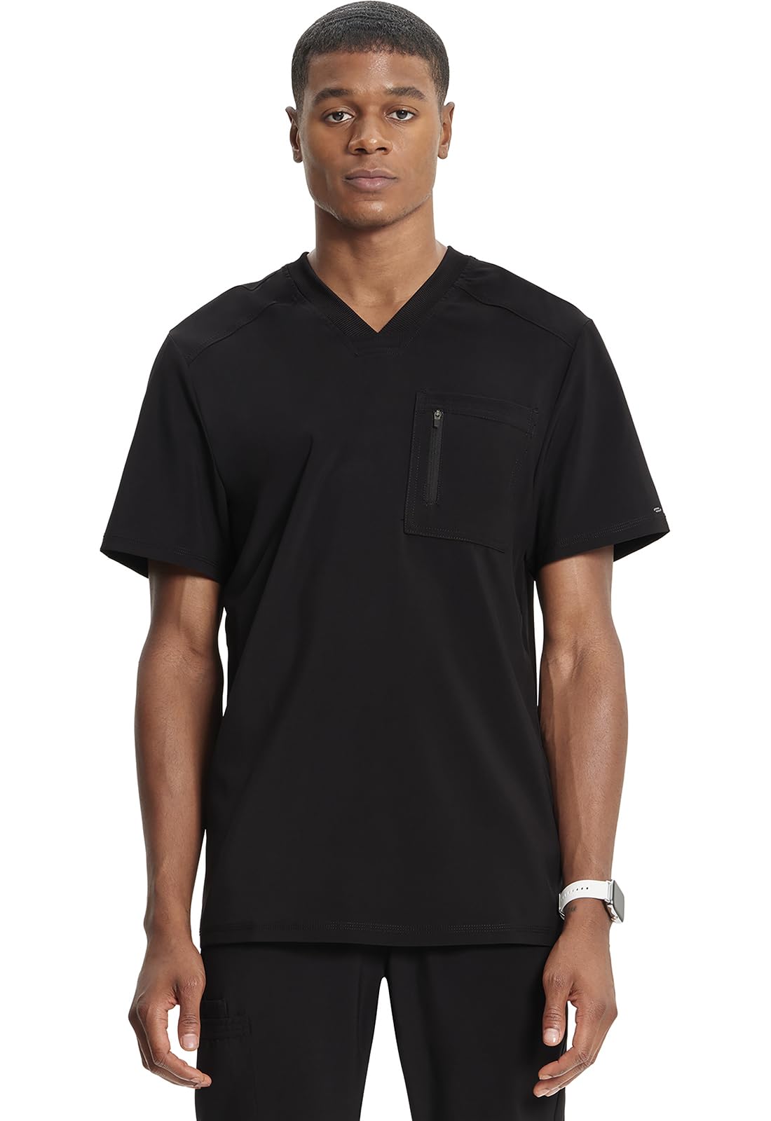 Cherokee Infinity Mens Tuckable V-Neck Scrub Top Modern Fit, 2 Pockets, Zip Chest Pocket, Rib-Knit, 360° Stretch – CK910A