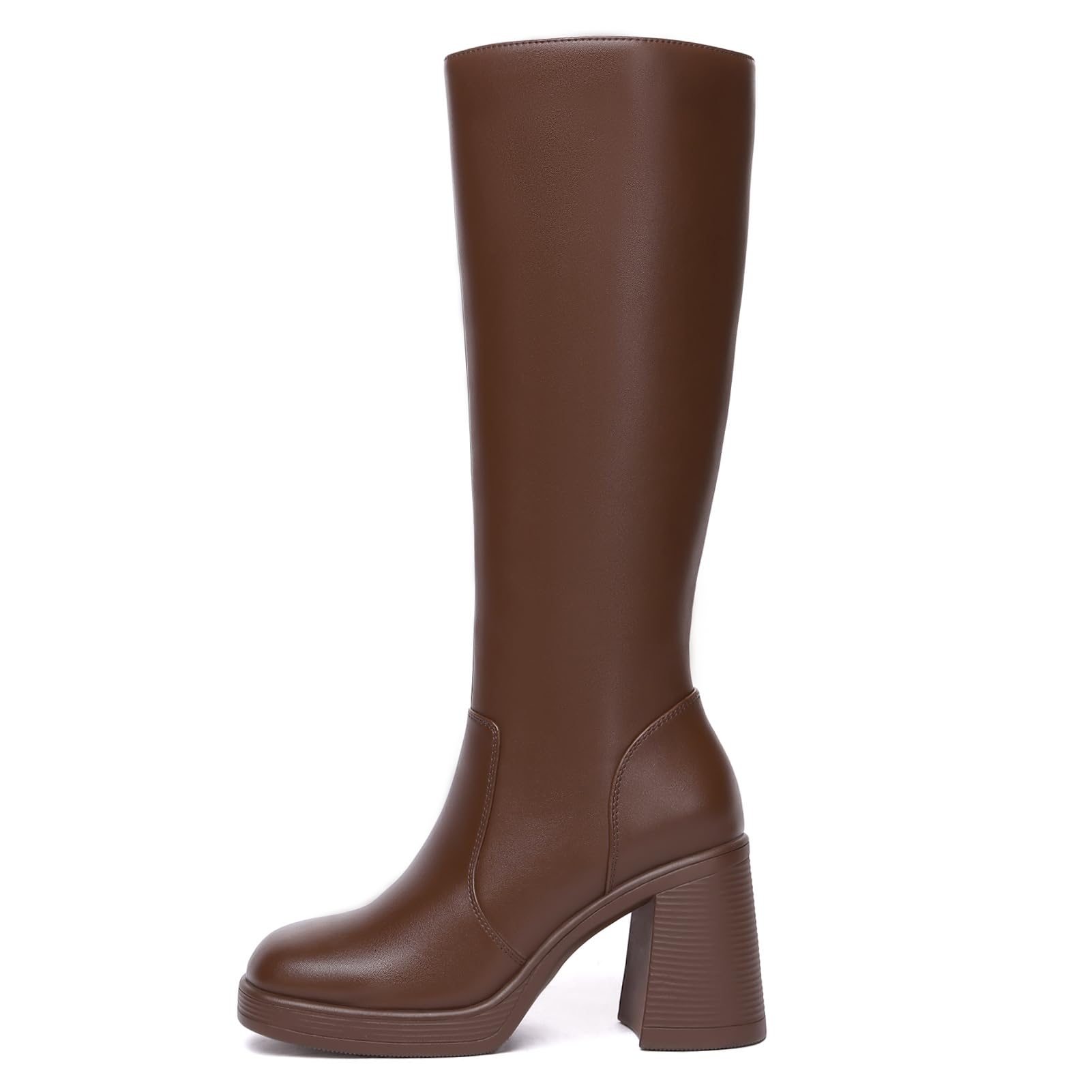 Athlefit Black Knee High Boots for Women Platform Tall Boots Fashion Square Toe Chunky Heeled Booties