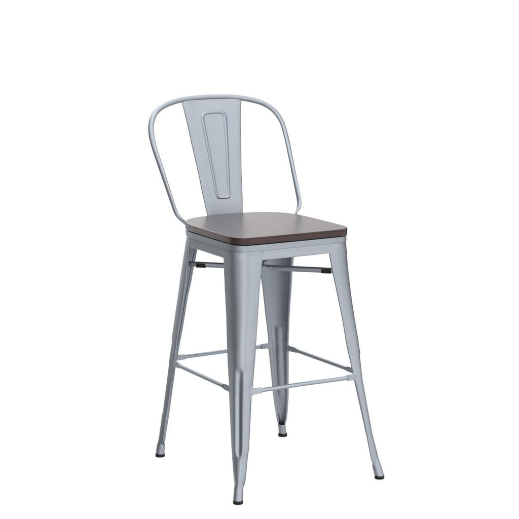 Alunaune 24" Swivel Metal Bar Stools Set of 4 High Back Counter Height Barstools Industrial Dining Bar Chairs with Large Wooden Seat-Matte Black