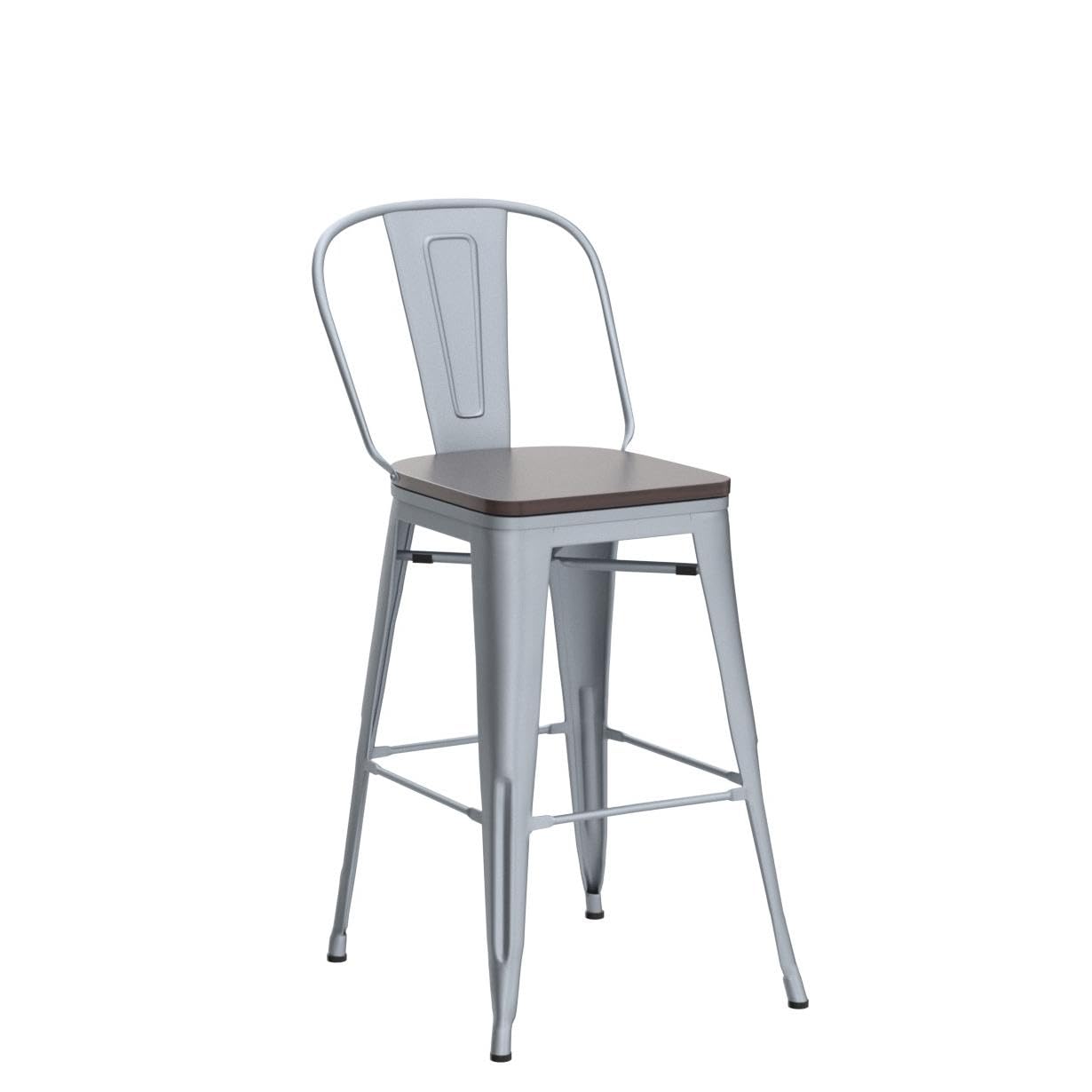 Alunaune 24" Swivel Metal Bar Stools Set of 4 High Back Counter Height Barstools Industrial Dining Bar Chairs with Large Wooden Seat-Matte Black