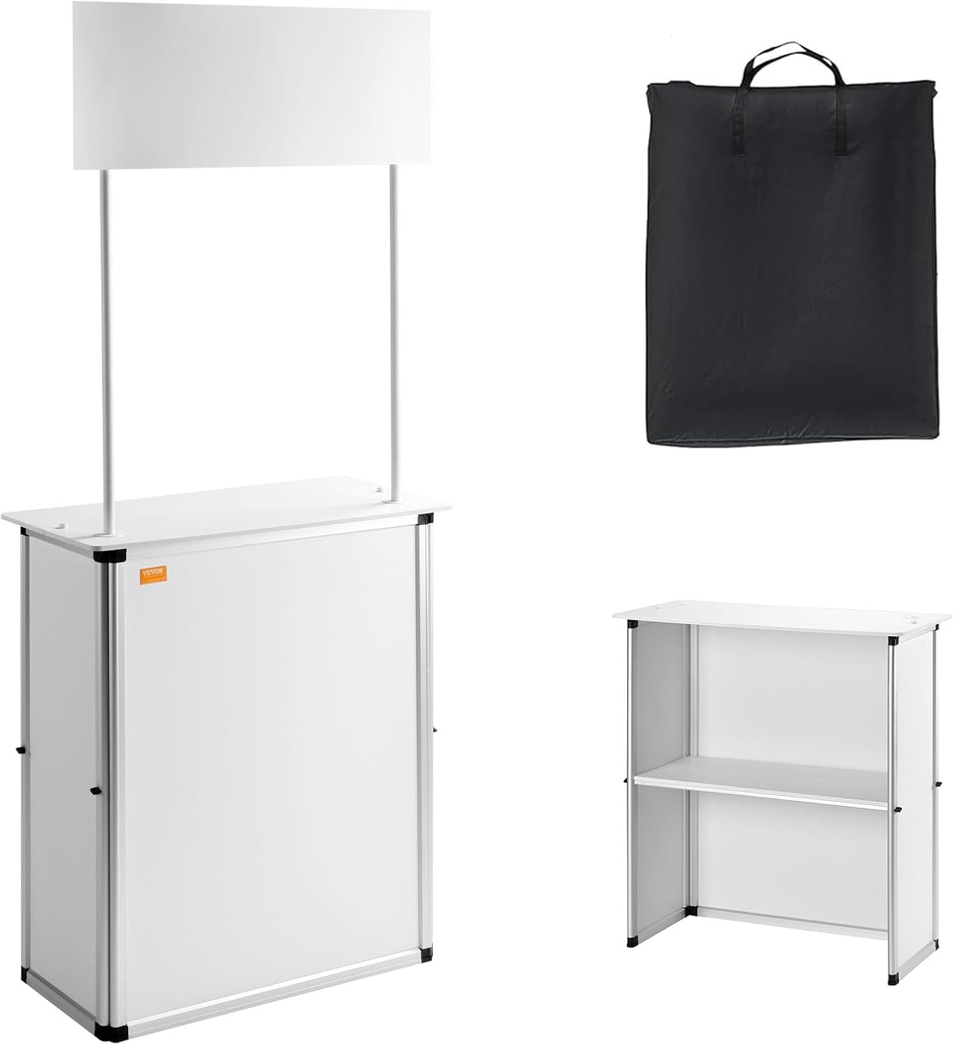 VEVOR Promotion Counter Table, Portable Tradeshow Podium Table, 30.91" x 14.96" x 71.46", Display Exhibition Counter Stand Booth Fair with Wall, Pop Up Podium with Storage Rack/Carrying Bag