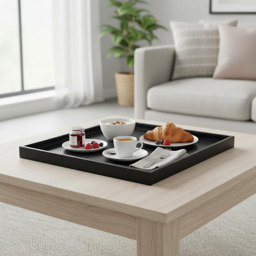 20x20 Inch Square Ottoman Tray - Faux Leather Large Serving Tray for Couch/Coffee Table, Family Dinner, Picnic, Party Decor (Beige)