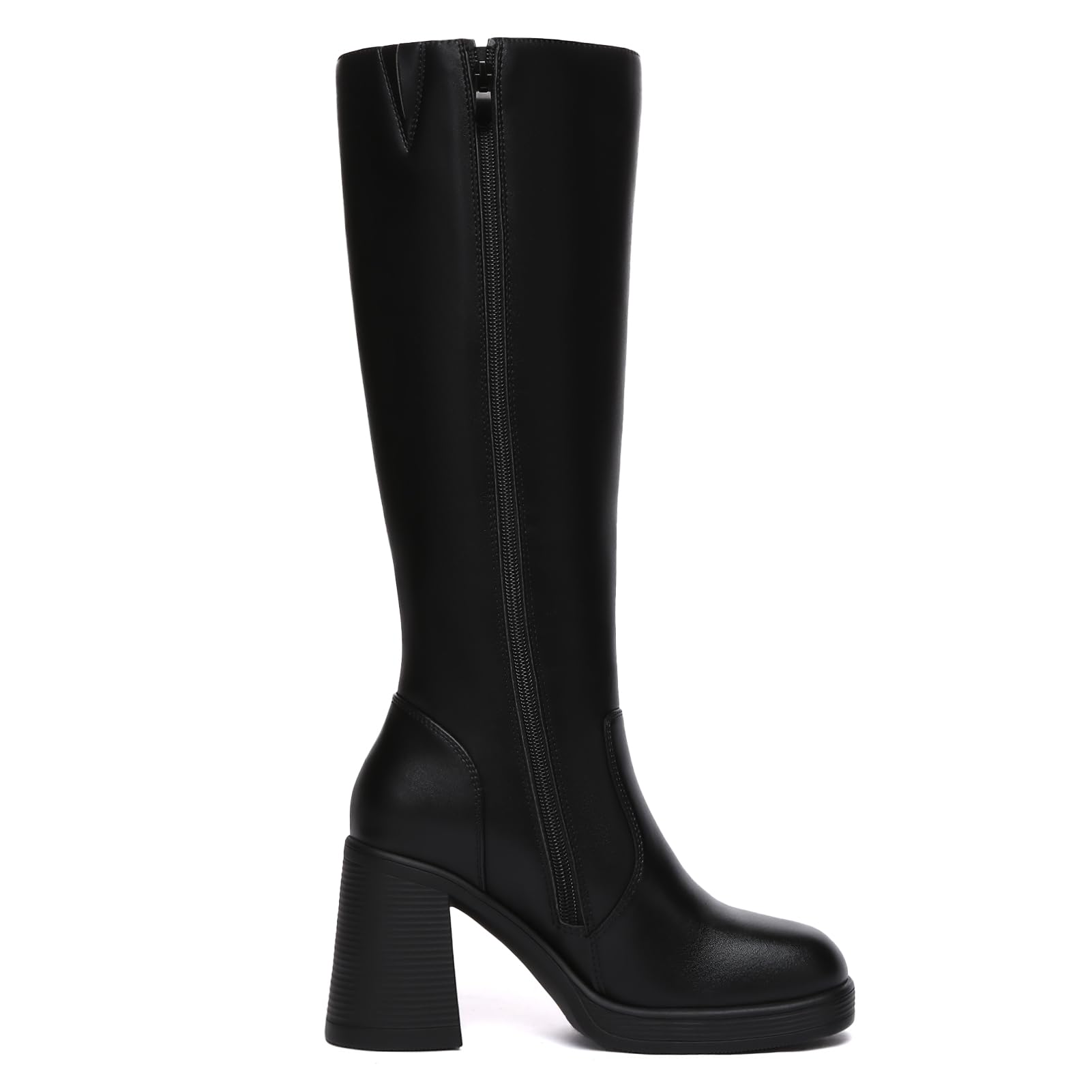 Athlefit Black Knee High Boots for Women Platform Tall Boots Fashion Square Toe Chunky Heeled Booties