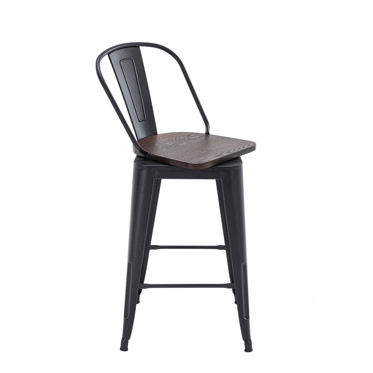 Alunaune 24" Swivel Metal Bar Stools Set of 4 High Back Counter Height Barstools Industrial Dining Bar Chairs with Large Wooden Seat-Matte Black
