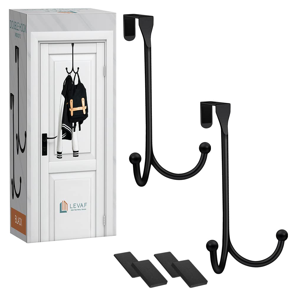 2-Pack Over The Door Hooks - with 2 Hang Heads & Snug Fit Pads Heavy Duty Hook for Hanging Coats, Towels, Caps & Robes - Elegant Matt Finish - No Drill Hanger Organizer - Black