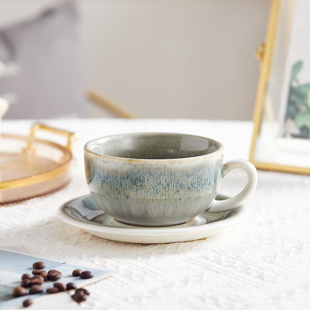 Coffeezone Vintage Design 12 oz Ceramic Latte Art Cappuccino Barista Cup with Saucer (Beige)