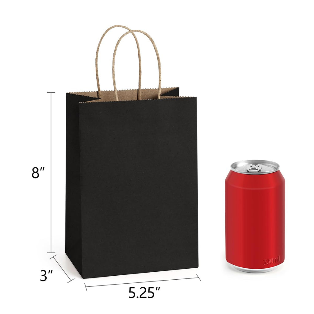 BagDream Gift Bags 100Pcs 5.25x3x8 Small Kraft Paper Gift Bags with Handles Bulk, Black Paper Sacks for Small Business, Retail, Merchandise, Grocery, Wedding Birthday Party favor