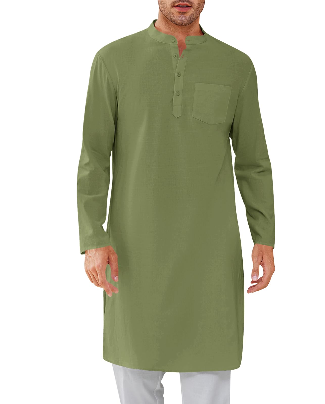 Gafeng Mens Kaftan Robe Button Down Long Sleeve Henley Cotton Thobe Casual Side Split Gown Shirt