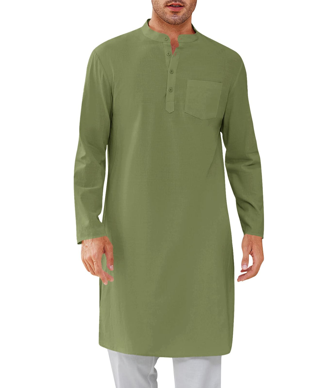 Gafeng Mens Kaftan Robe Button Down Long Sleeve Henley Cotton Thobe Casual Side Split Gown Shirt