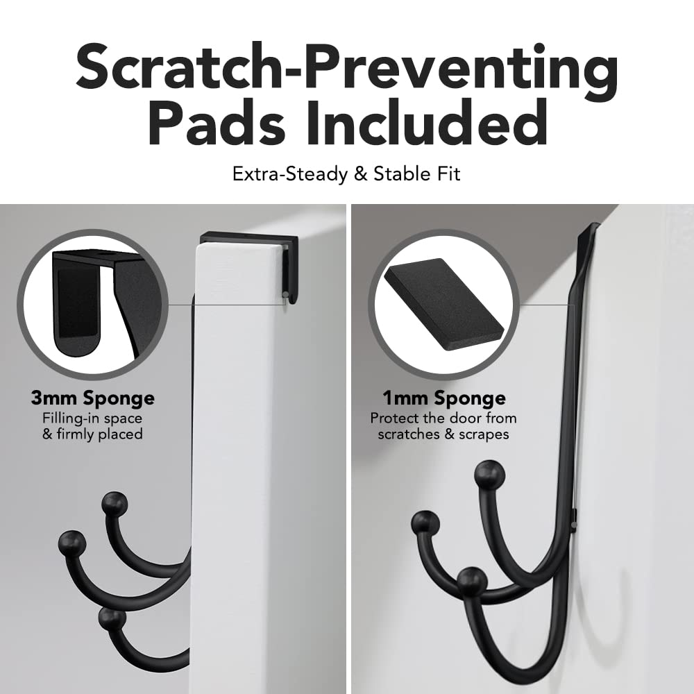 2-Pack Over The Door Hooks - with 2 Hang Heads & Snug Fit Pads Heavy Duty Hook for Hanging Coats, Towels, Caps & Robes - Elegant Matt Finish - No Drill Hanger Organizer - Black