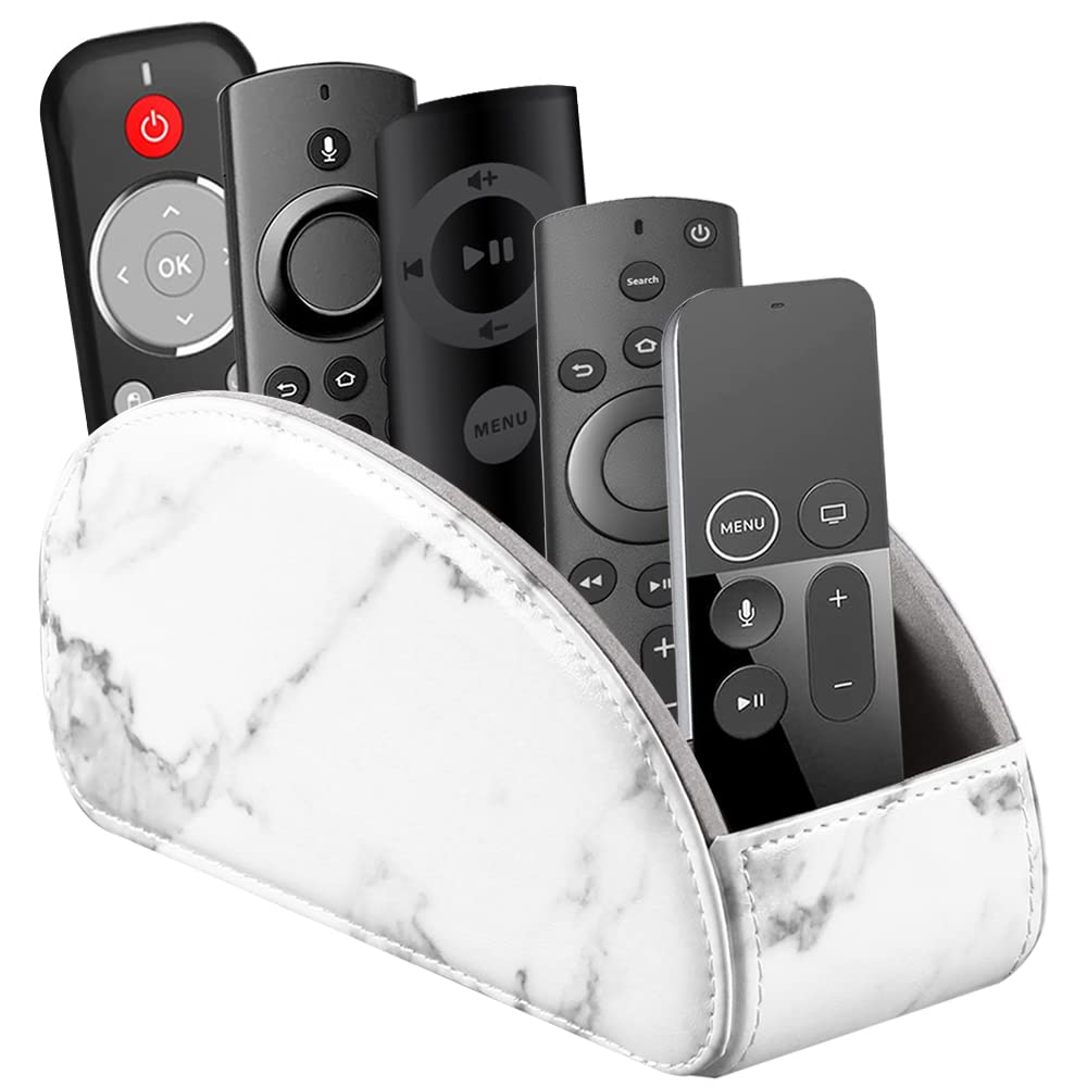 YAPISHI All-in-One Leather Brown TV Remote Holder with 5 Compartments Nightstand Desktop Media Player Remote Caddy Storage Box Organizer Tray for Mobile Office Phone Controller