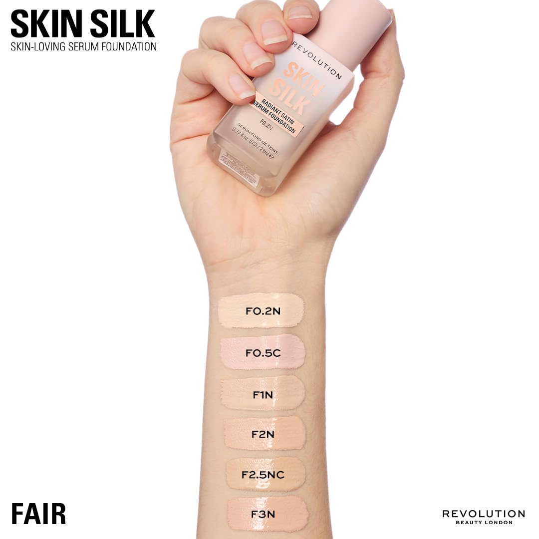 Revolution Skin Silk Radiant Satin Serum Foundation, Buildable Coverage with Hydrating Hyaluronic Acid for a Natural Finish, Vegan & Cruelty-Free, F0.5C Fair Skin Tones, 0.77 fl oz