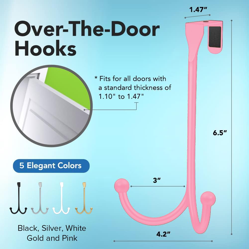 2-Pack Over The Door Hooks - with 2 Hang Heads & Snug Fit Pads Heavy Duty Hook for Hanging Coats, Towels, Caps & Robes - Elegant Matt Finish - No Drill Hanger Organizer - Black