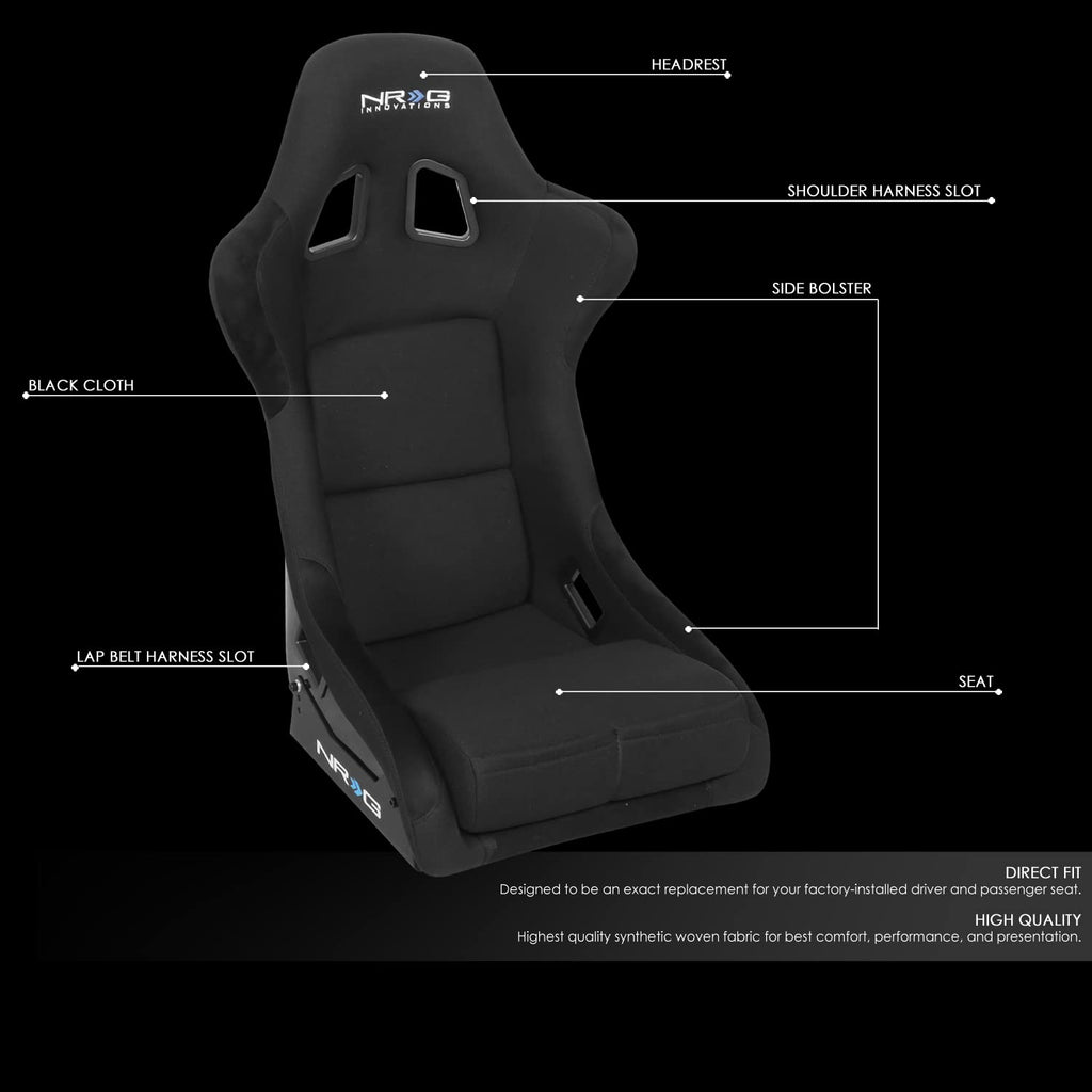 NRG Innovations NRG-FRP-330 Fiber Glass Fixed Back Bucket Racing Seat (Small), 4 pt Harness Compatibility, Black Seat Cover, 19"W X 18" D X 34" H