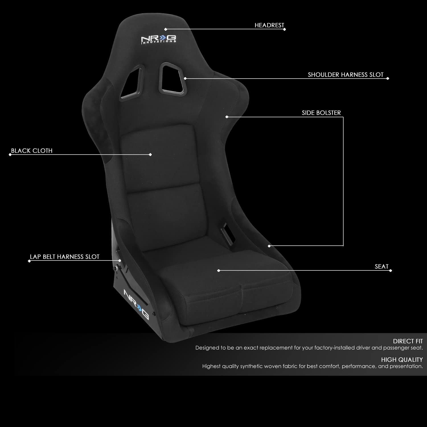 NRG Innovations NRG-FRP-330 Fiber Glass Fixed Back Bucket Racing Seat (Small), 4 pt Harness Compatibility, Black Seat Cover, 19"W X 18" D X 34" H