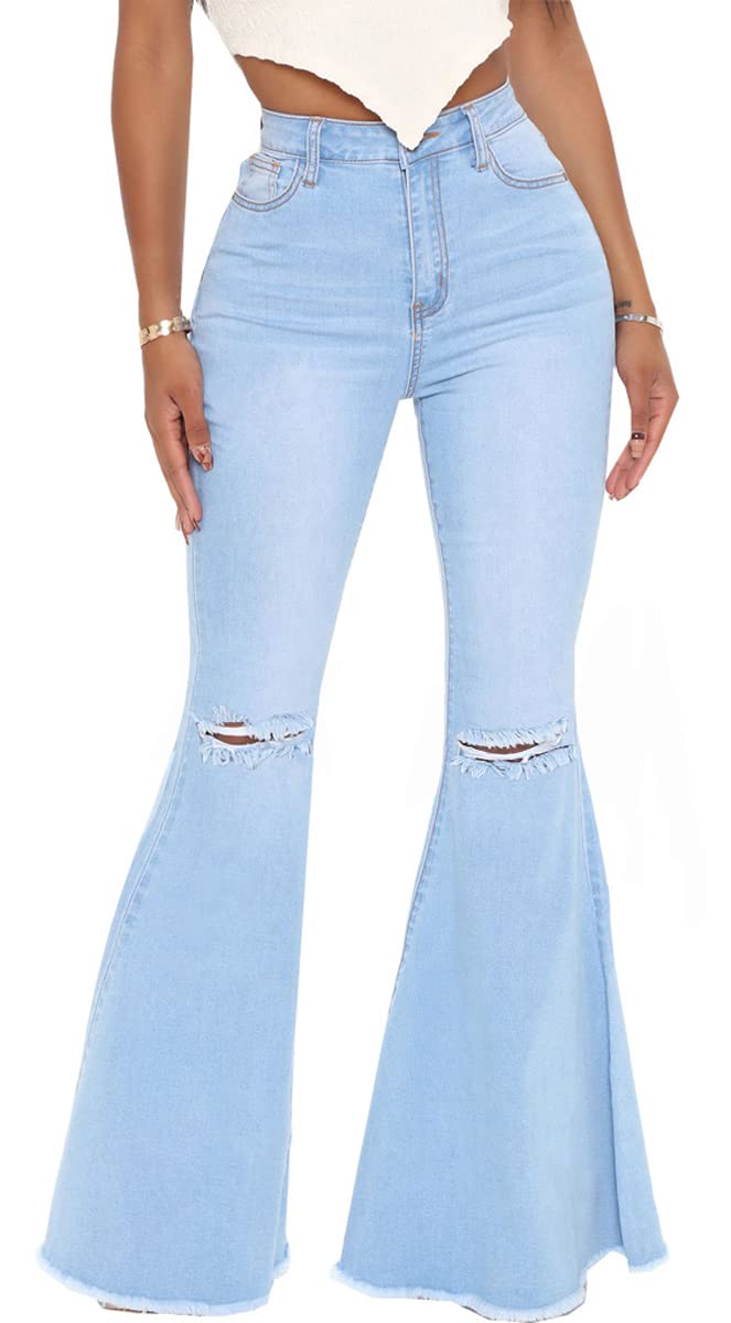 Bell Bottom Jeans for Women Ripped High Waisted Classic Flared Denim Pants
