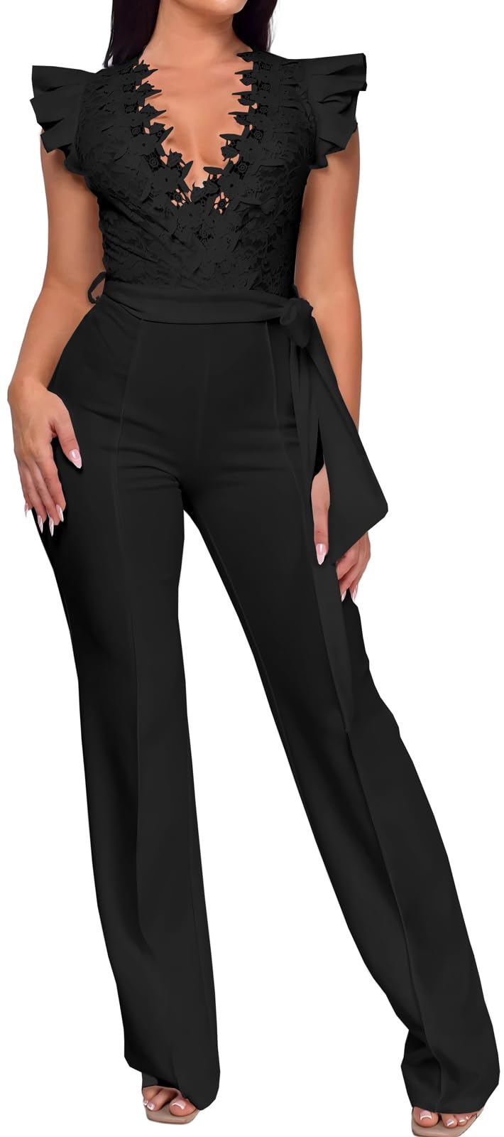 PaladMom Womens Elegant Plus Size Jumpsuits Sexy Back zipper Short Sleeve Mid Waist Wide Leg Straight Rompers
