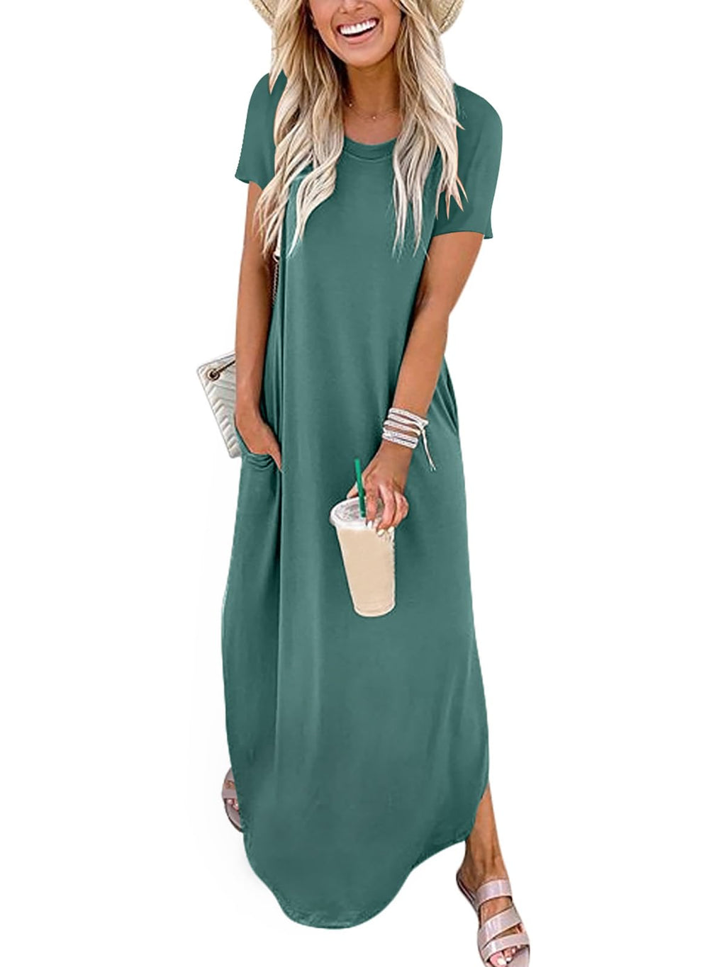 ANRABESS Womens Summer Maxi Dress Short Sleeve Casual Loose Long T Shirt Dresses Split Vacation Beach Sundress Travel Outfits