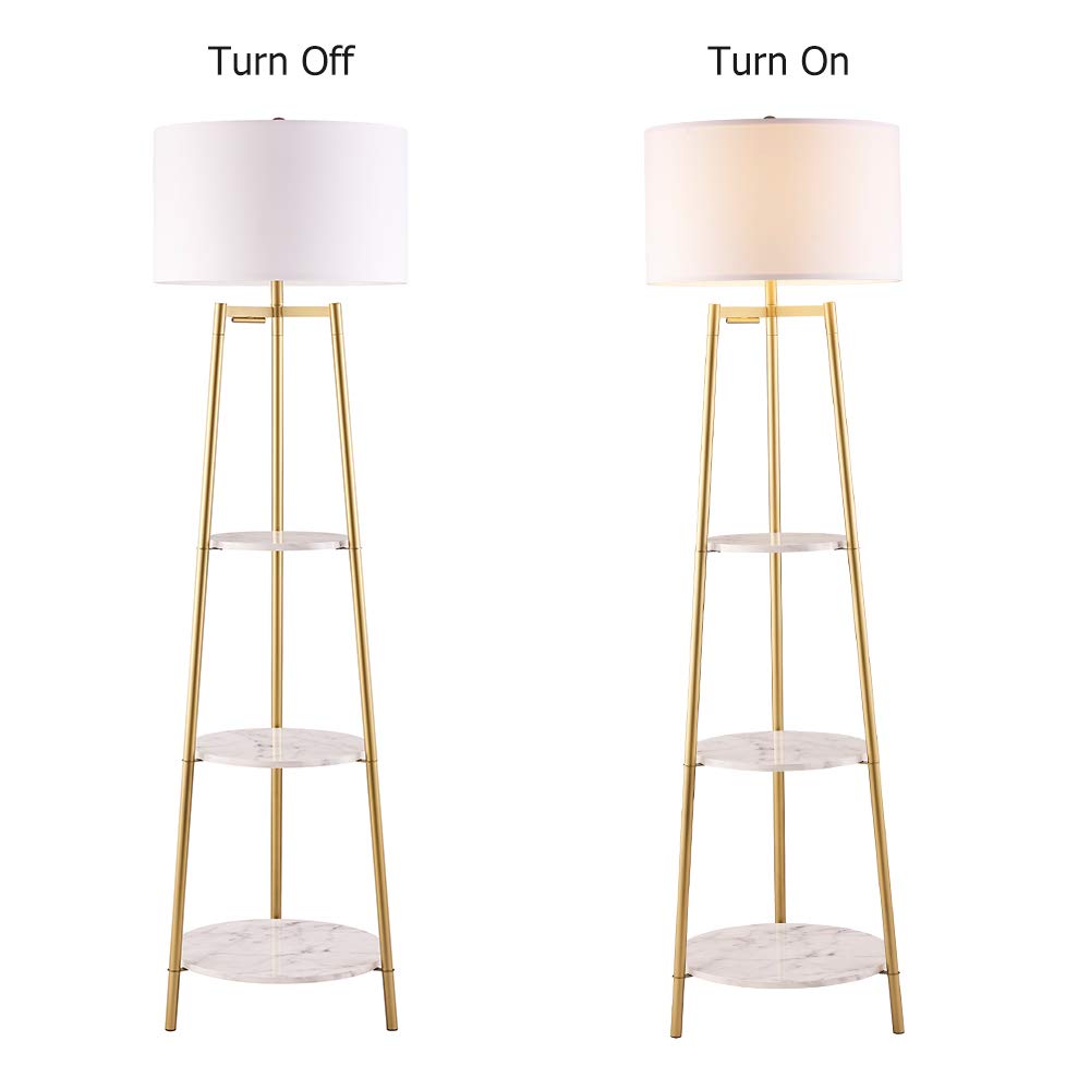 ROSEN GARDEN Floor Lamp, Standing Reading Light with Shelves and Fabric Shade, Modern Tall Pole Lamp, Accent Furniture Décor Lighting for Living Room, Bedrooms (Gold, 4-Tier)