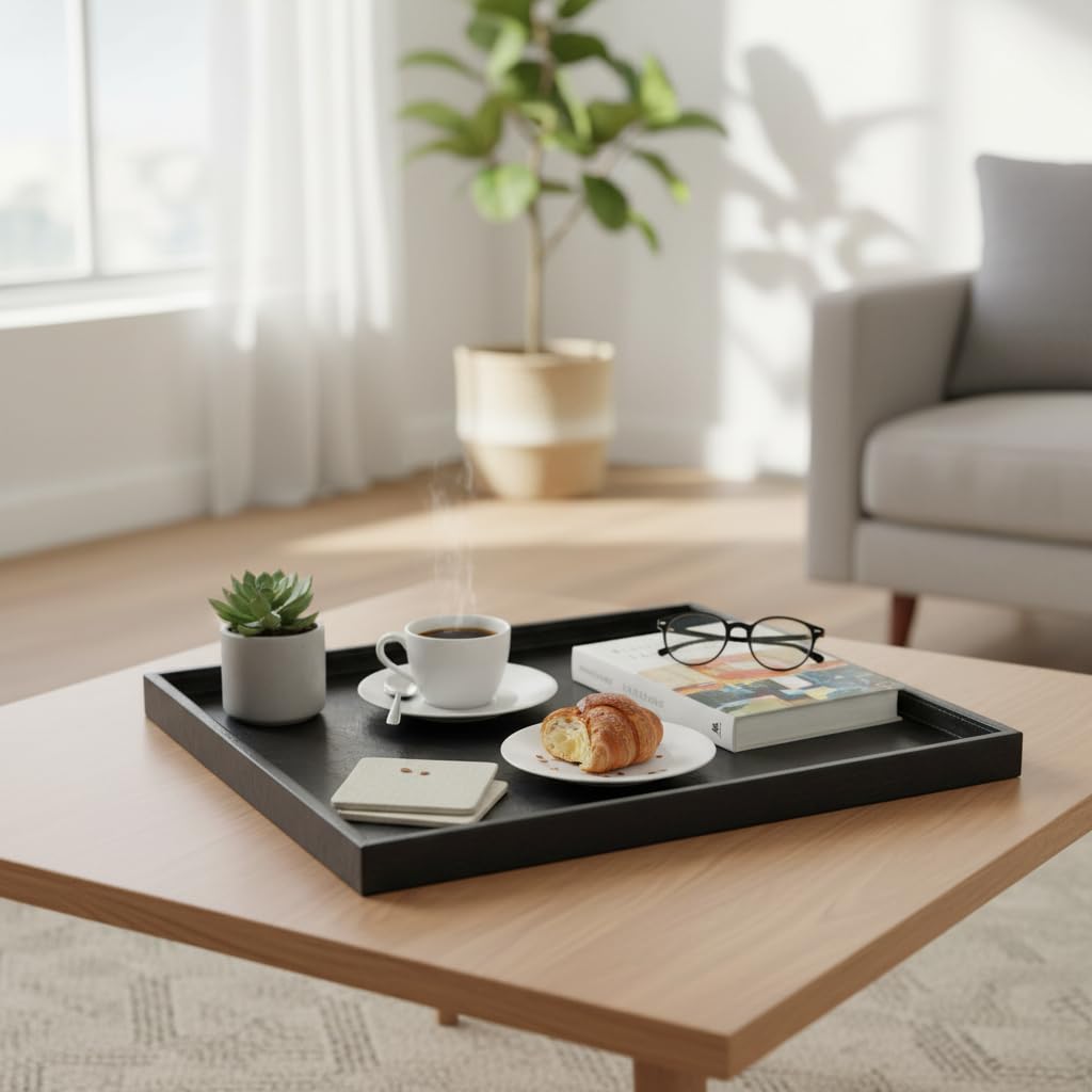 20x20 Inch Square Ottoman Tray - Faux Leather Large Serving Tray for Couch/Coffee Table, Family Dinner, Picnic, Party Decor (Beige)
