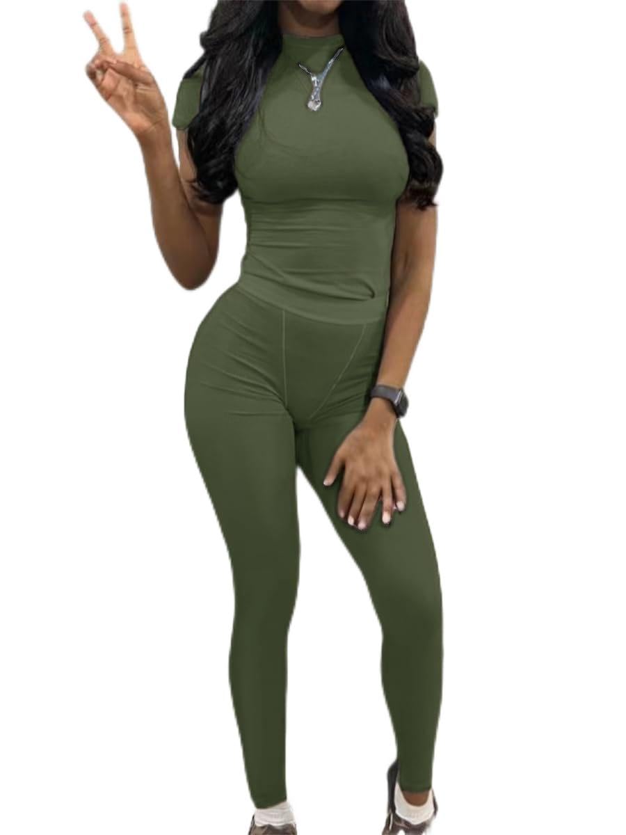 AYWA Two Piece Outfits for Women Fitted Crew Neck T-shirt High Waist Leggings Biker Shorts Matching Sets Streetwear