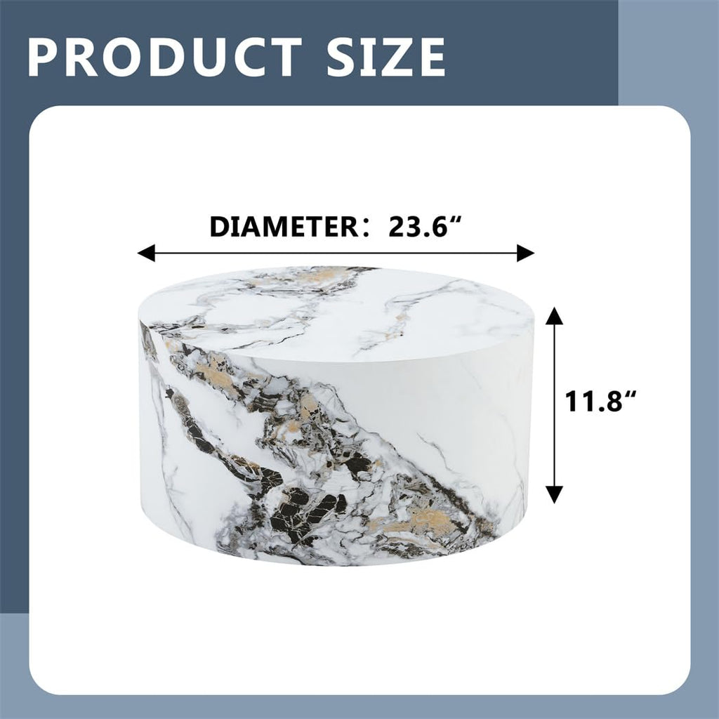 Round Coffee Table, 23.6" Modern Grey Faux Marble Drum Coffee Table, Round Accent Center Table for Living Room Apartment Small Spaces, No Assembly Required