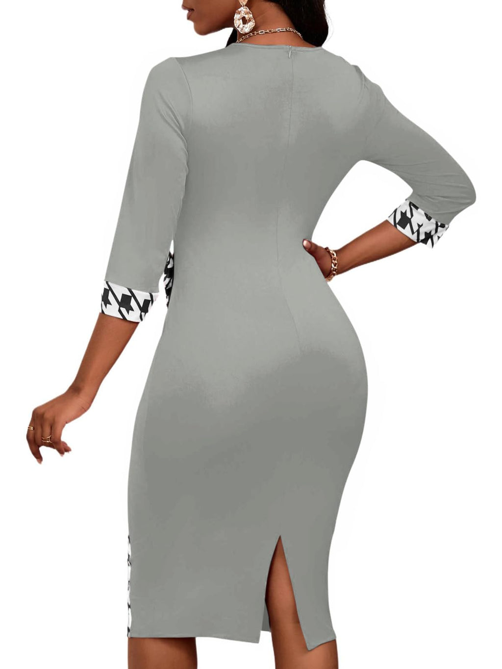 PerZeal Women's 3/4 Sleeve Round Neck Casual Houndstooth Bodycon Wear to Work Pencil Sheath Midi Dresses