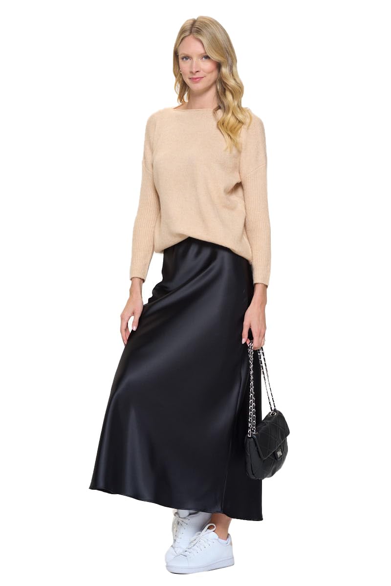 Women's Solid Satin High Waist Midi Long Skirt Hidden Elastic Waistband Skirt for Women-Made in USA