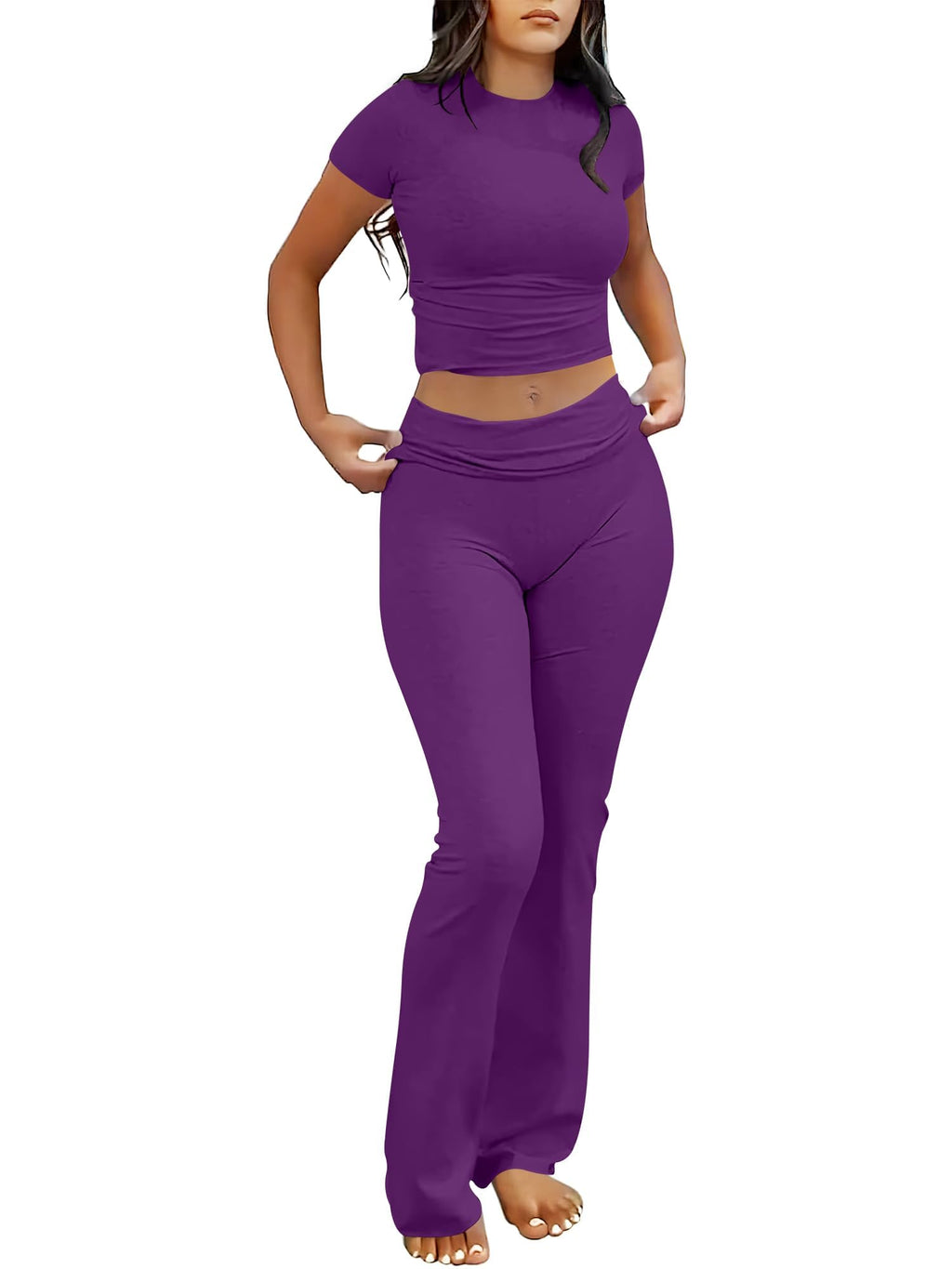 ANRABESS 2 Piece Lounge sets for Women | Soft Comfy Stretchy, Crop Top & Foldover Flare Leggings, Yoga Workout Matching Outfits, Trendy Y2k, Summer Wear Fall Layer