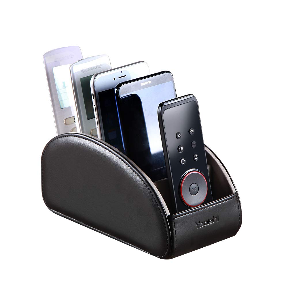 YAPISHI All-in-One Leather Brown TV Remote Holder with 5 Compartments Nightstand Desktop Media Player Remote Caddy Storage Box Organizer Tray for Mobile Office Phone Controller