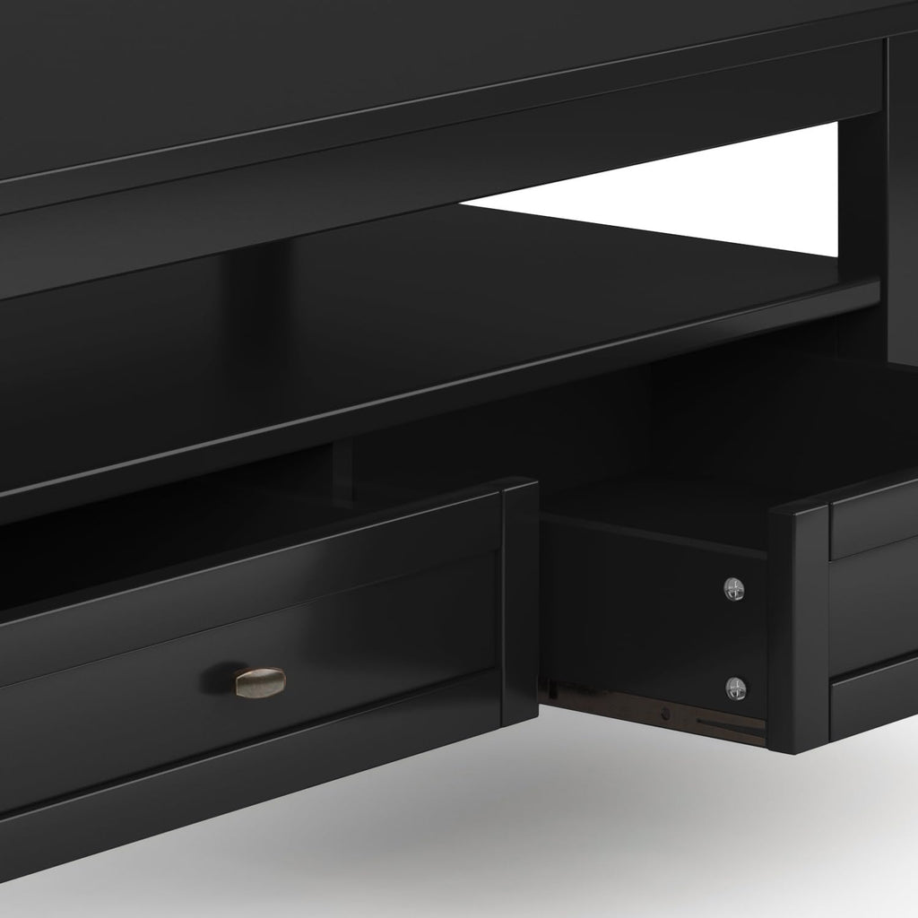 SIMPLIHOME Warm Shaker Coffee Table - 48 inch Wide Solid Wood Coffee Table in Black, Transitional Living Room Table with 2 Drawers, Open Shelf, Shaker Fronts and Tapered Legs