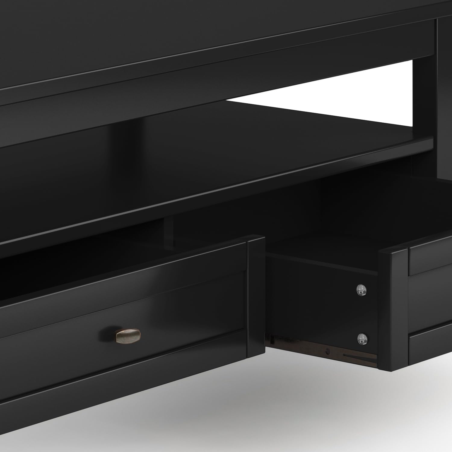 SIMPLIHOME Warm Shaker Coffee Table - 48 inch Wide Solid Wood Coffee Table in Black, Transitional Living Room Table with 2 Drawers, Open Shelf, Shaker Fronts and Tapered Legs