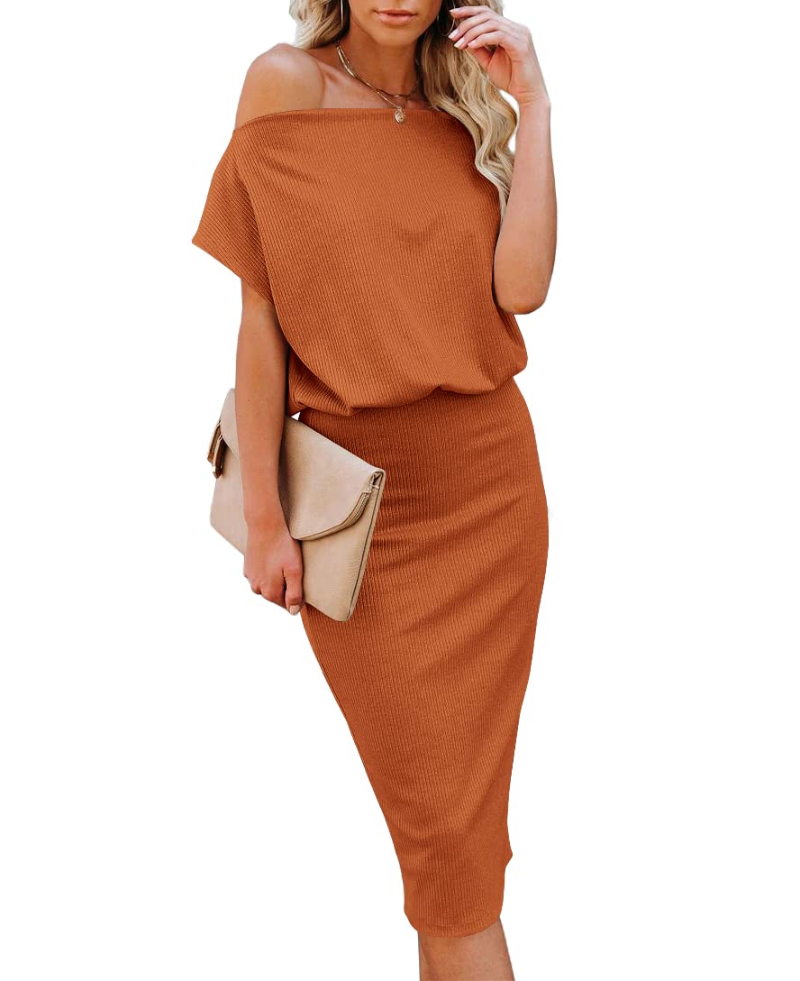 EZBELLE Women's Summer Dress Off The Shoulder Short Sleeve Ribbed Casual Party Bodycon Midi Dresses