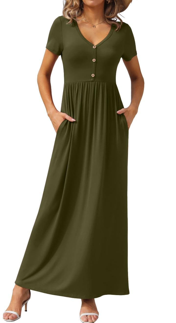 GRECERELLE Womens Summer Long Maxi Dresses 2026 Short Sleeve V Neck Casual Button Dress with Pockets