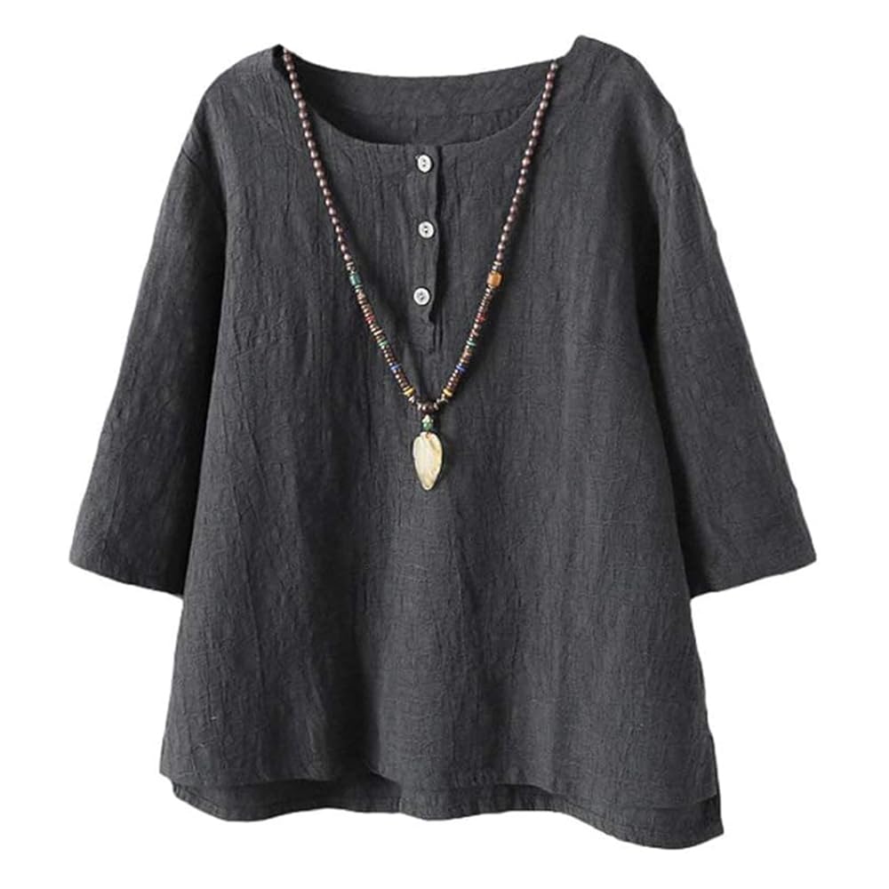 Minibee Women's 3/4 Sleeve Cotton Linen Jacquard Blouses Top T-Shirt