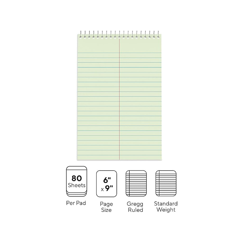 STAPLES Steno Pads, 6” x 9”, Gregg Ruled, Green Paper, 12‑Pack