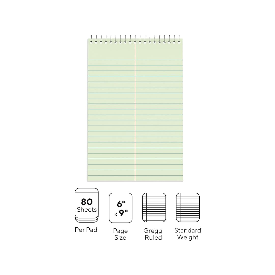 STAPLES Steno Pads, 6” x 9”, Gregg Ruled, Green Paper, 12‑Pack