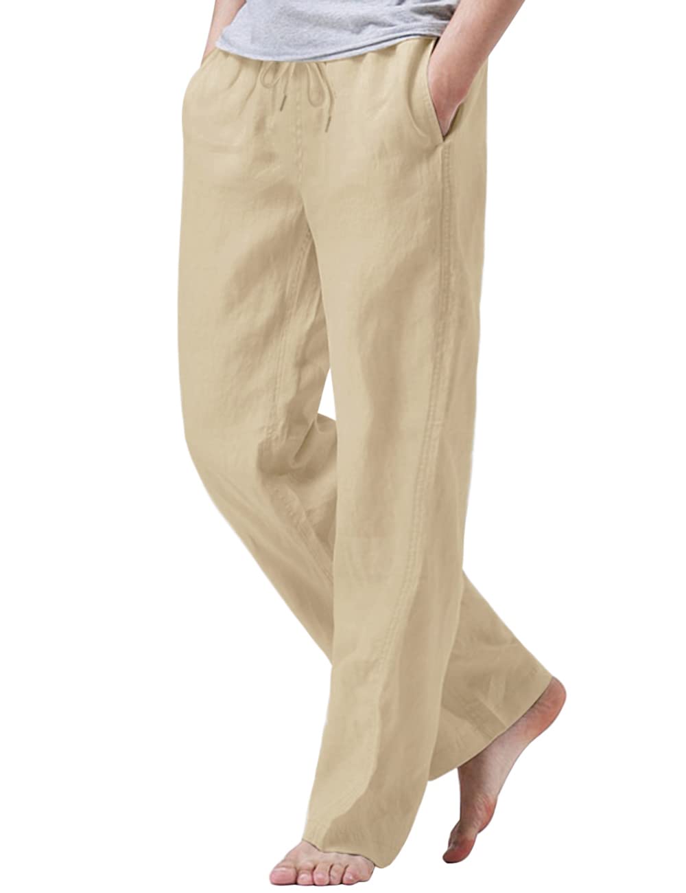 iWoo Linen Pants Men Casual 2025 Summer Beach Elastic Drawstring Waist Yoga Pants Travel Baggy Work Pant Pajama
