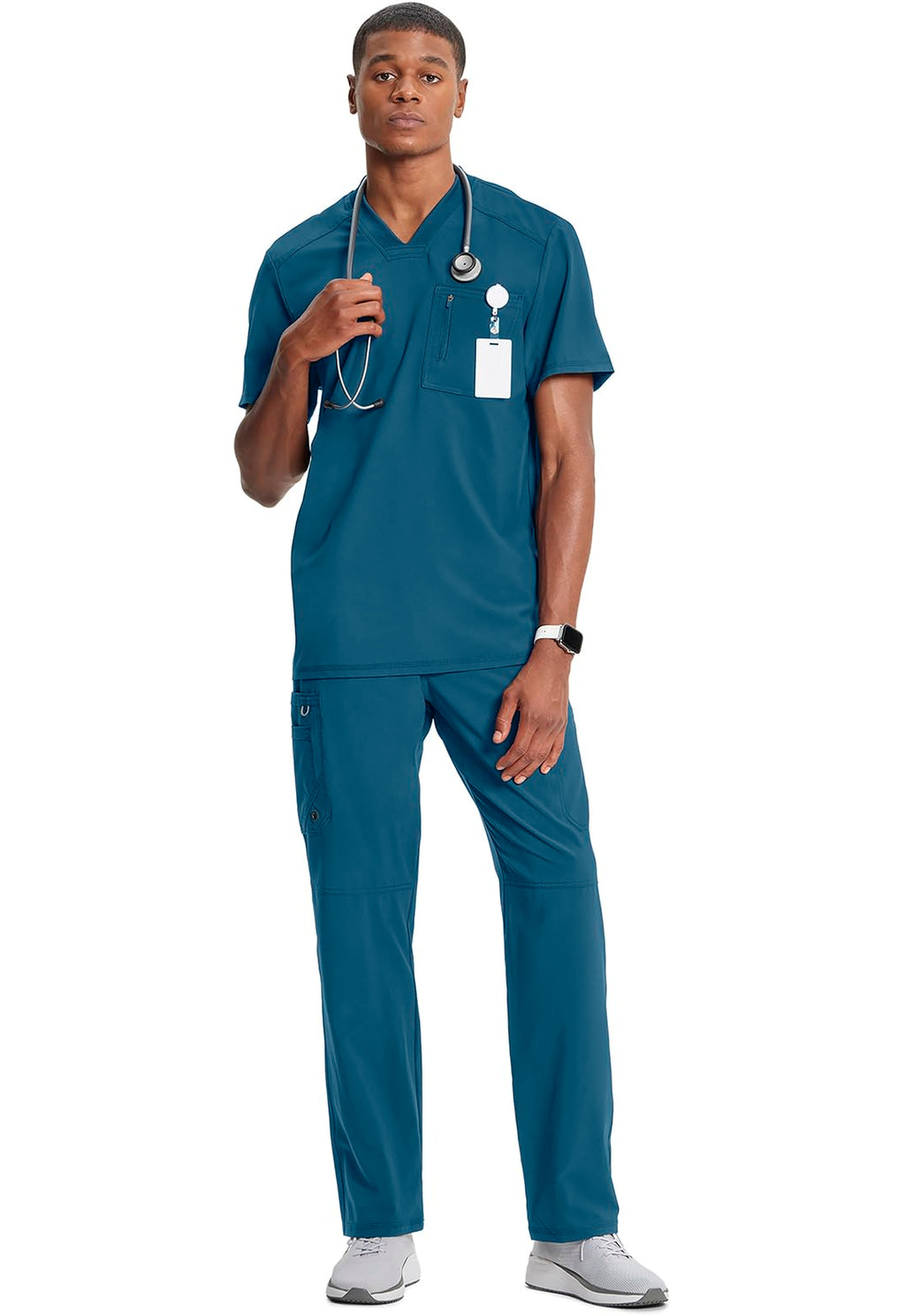 Cherokee Infinity Mens Tuckable V-Neck Scrub Top Modern Fit, 2 Pockets, Zip Chest Pocket, Rib-Knit, 360° Stretch – CK910A