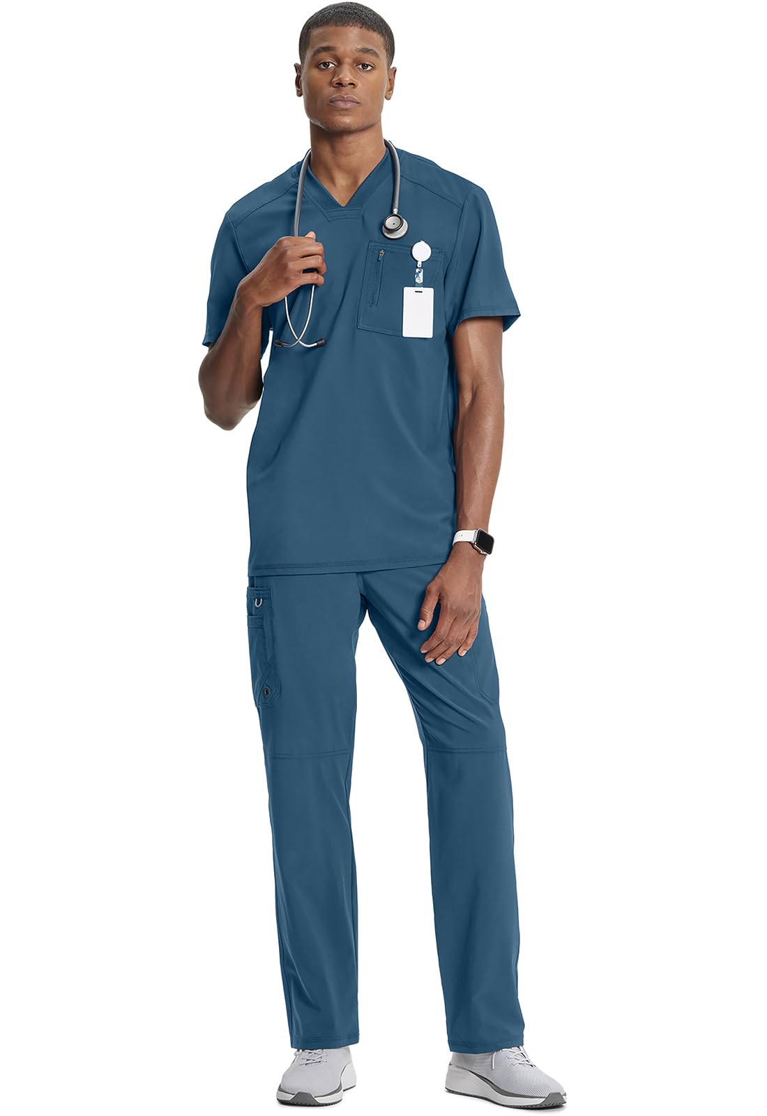 Cherokee Infinity Mens Tuckable V-Neck Scrub Top Modern Fit, 2 Pockets, Zip Chest Pocket, Rib-Knit, 360° Stretch – CK910A