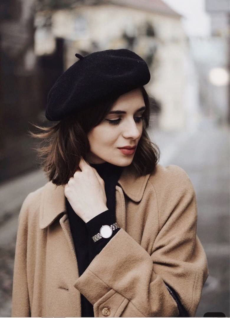 Women French Wool Beret Hats - Solid Color Classic Beanie Winter Cap