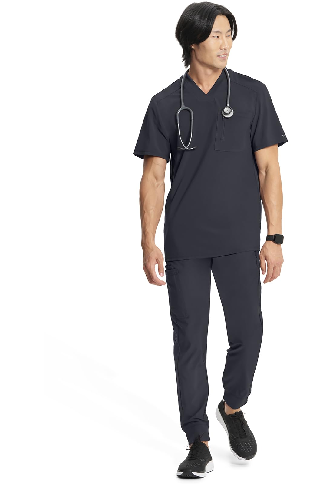 Cherokee Infinity Mens Tuckable V-Neck Scrub Top Modern Fit, 2 Pockets, Zip Chest Pocket, Rib-Knit, 360° Stretch – CK910A