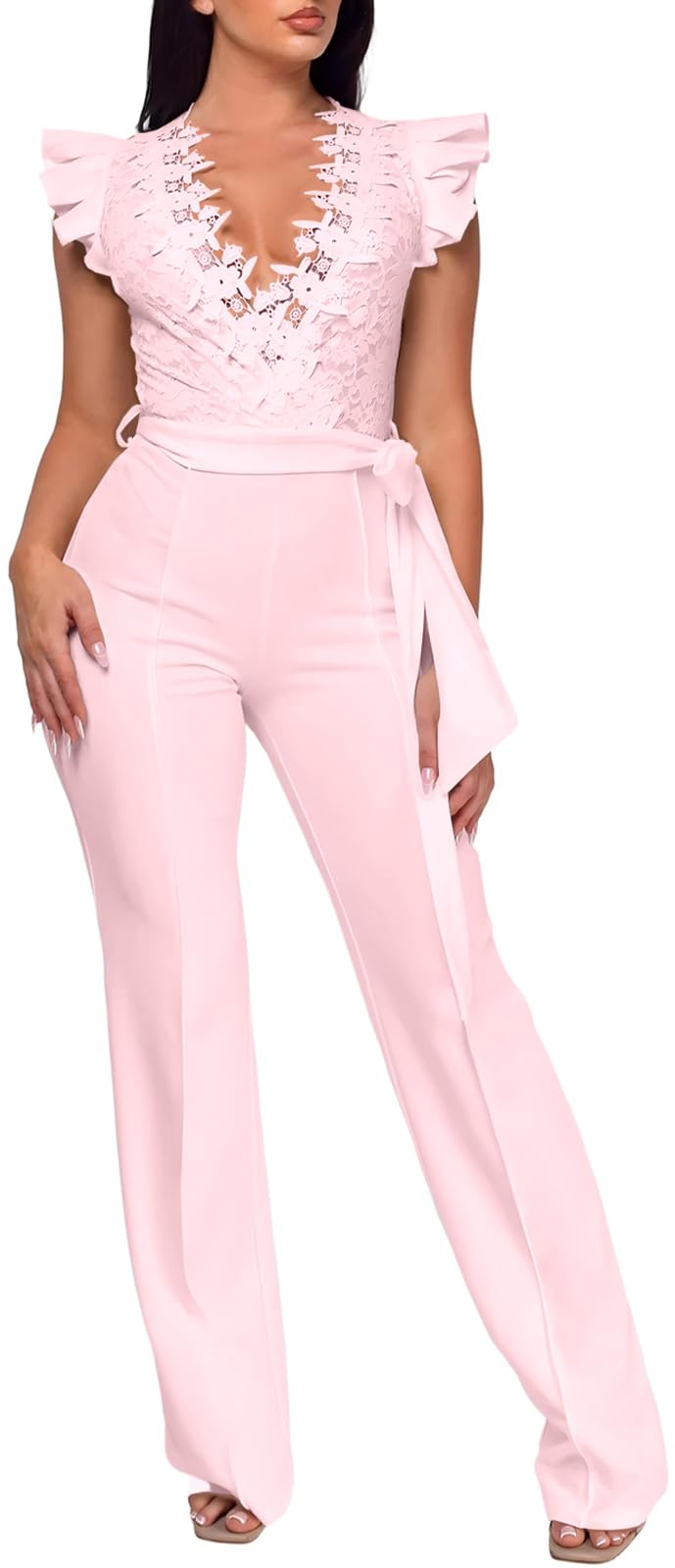 PaladMom Womens Elegant Plus Size Jumpsuits Sexy Back zipper Short Sleeve Mid Waist Wide Leg Straight Rompers