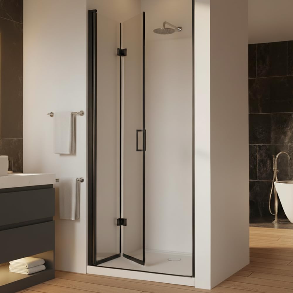 28” x 72” Pivot Shower Door, 1/4 inch Tempered Glass Panel Pivot Swing Shower Door in Matte Black Finish, Semi-Frameless Design