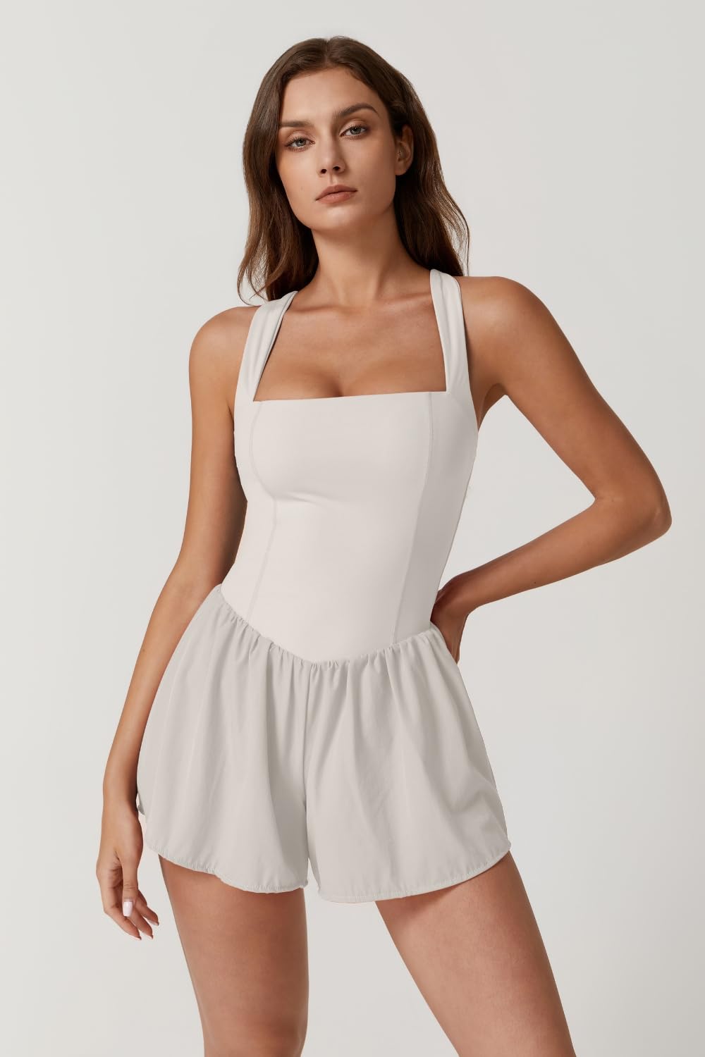 QINSEN Women's Square Neck Sleeveless Romper Jumpsuit Casual Summer One Piece Outfit with Pocket