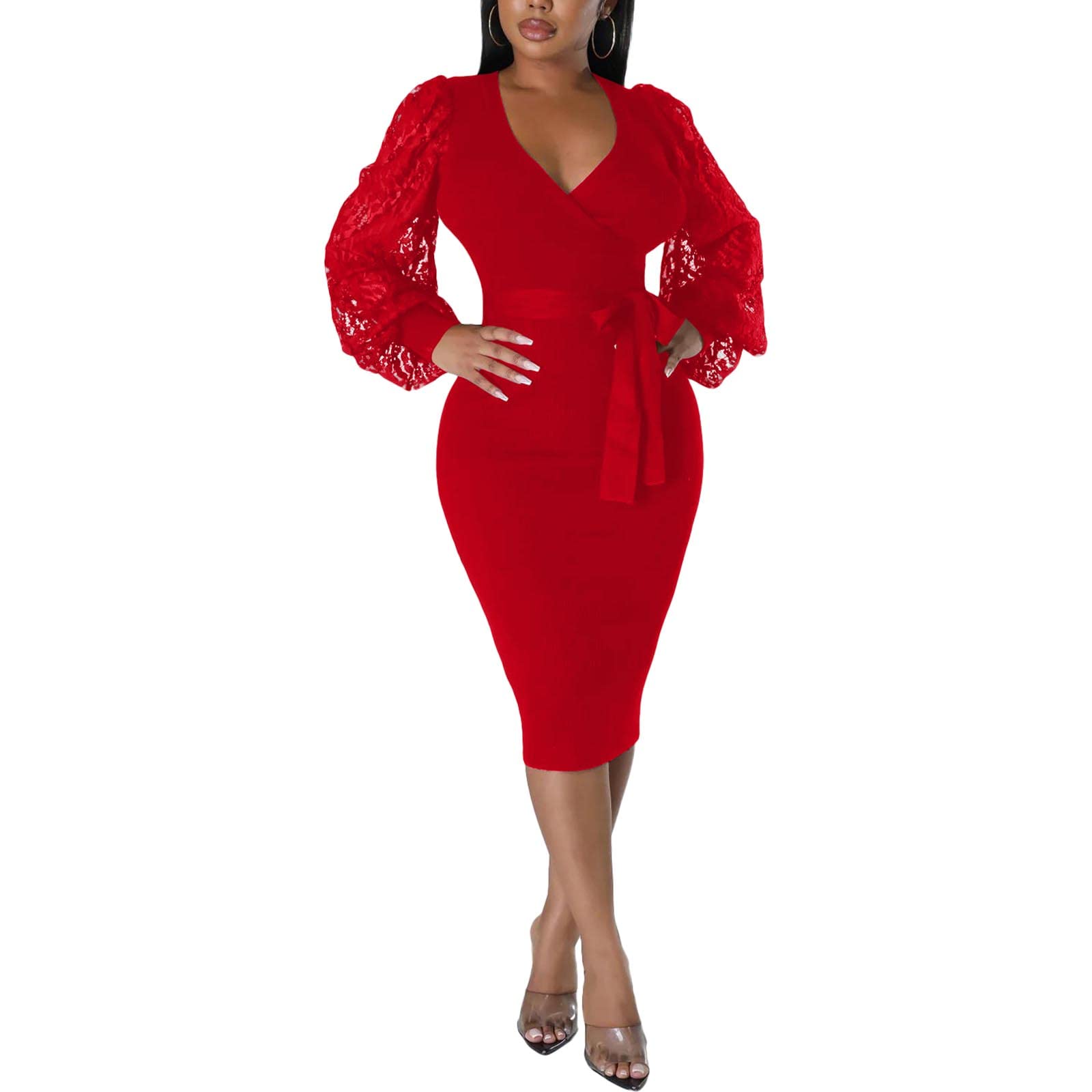 BOGURST Semi Formal Church Dresses for Women Bishop Sleeve Sexy V Neck Bodycon Midi Dresses