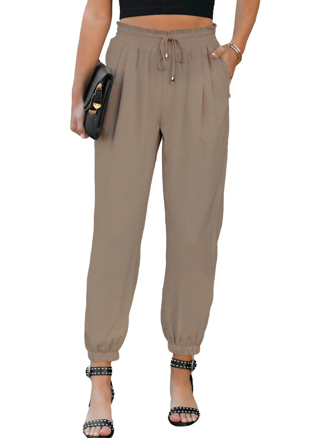 EVALESS Womens 2026 Summer Casual Pants Drawstring Elastic High Waisted Work Trousers Joggers Trendy Harem Pants with Pockets