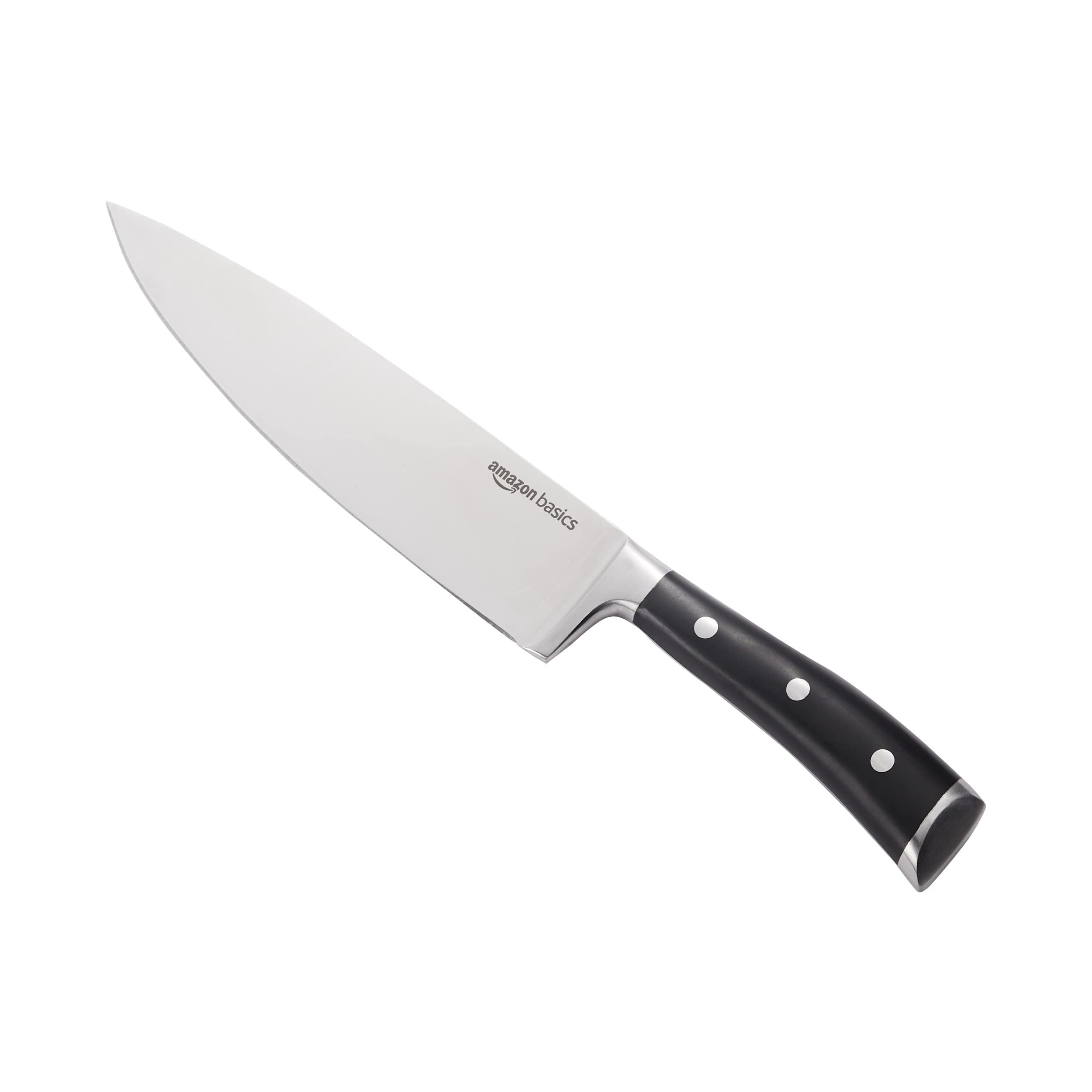 Amazon Basics Classic 8-inch Full Tang High Carbon Stainless Steel Chef's Knife, Multipurpose Kitchen Knife with Three Rivets, Silver
